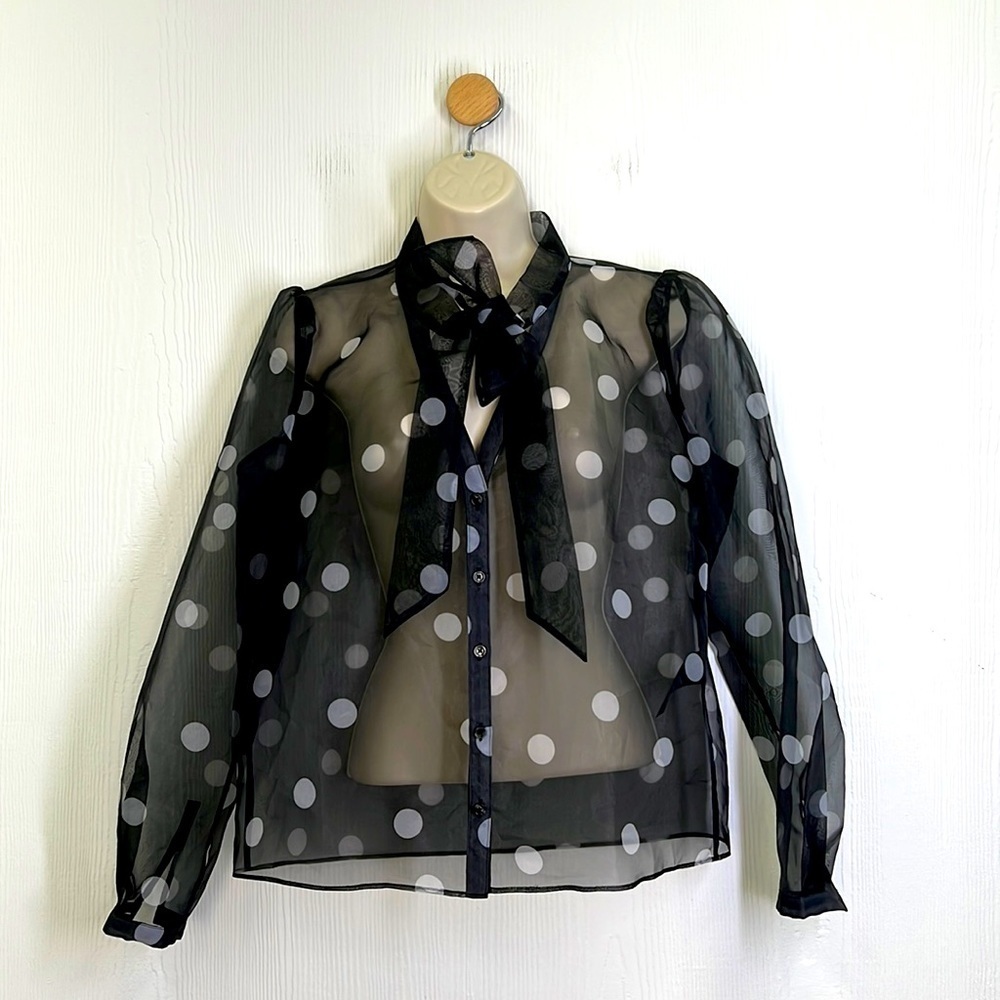 White House Black Market - Black See Thru White Polka Dot Button Down Blouse Sm
